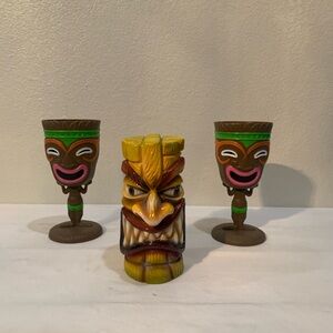 Tiki (2) Goblets Hawaiian Plastic Glass Set&Tall Hot Rod Underground Tiki Statue